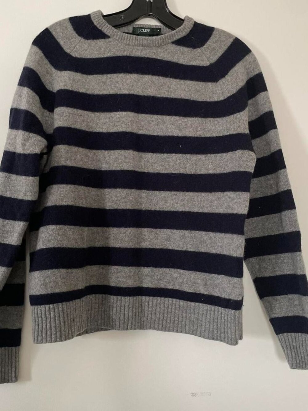 J Crew 100% Lambswool Striped Sweater Small Gray Navy Crewneck Old Money Preppy